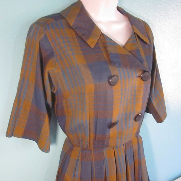 Vintage 50's Dress Serbin of Florida Muriel Ryan Fits Size M Blue Green Plaid - Picture 3 of 14